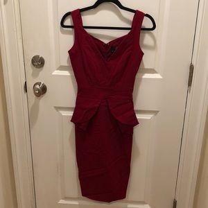 Hybrid Plunge Neck Peplum Midi Dress Deep Red